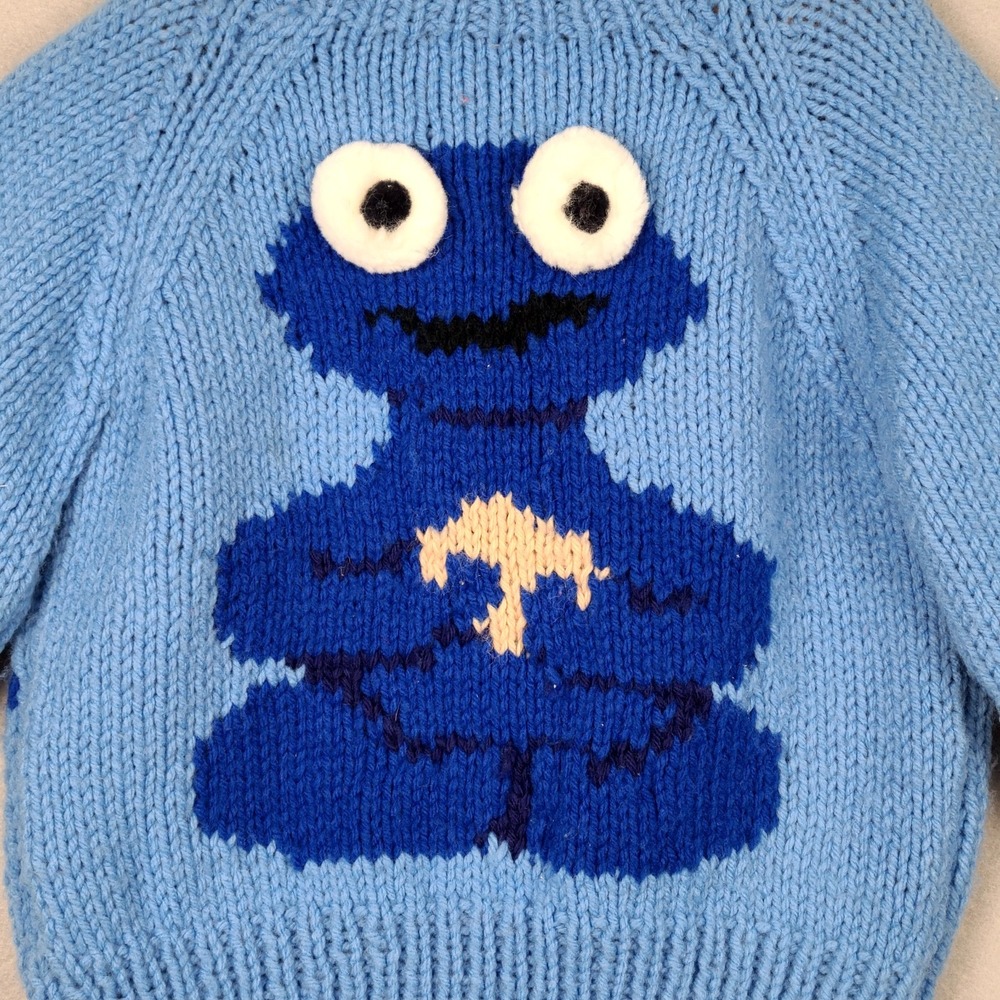Handmade Knitted 2T/3T Cookie Monster Sesame Street Cardigan Button Up Sweater